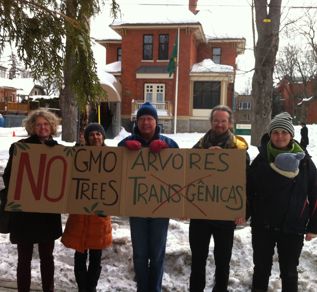 A hardy crew of activists from Canadian Biotechnology Action Network take action at the Brazilian Embassy in Ottawa.